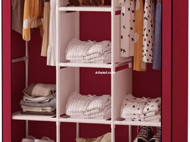 Armoire portable avec rail de suspension et étagères en tissu