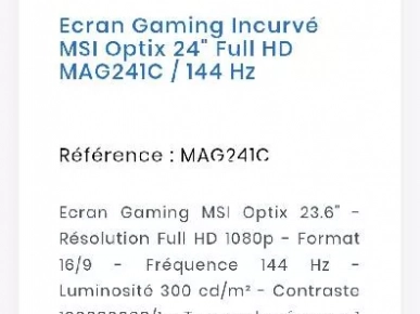 A vendre ecran gaming msi optix mag241c