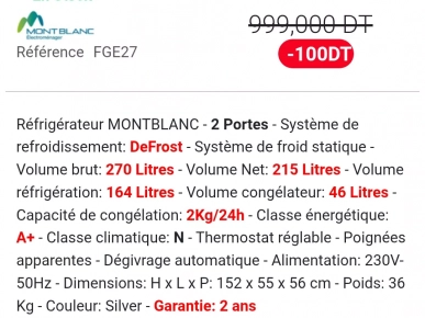 Réfrigérateur Montblanc 270L-Defrost