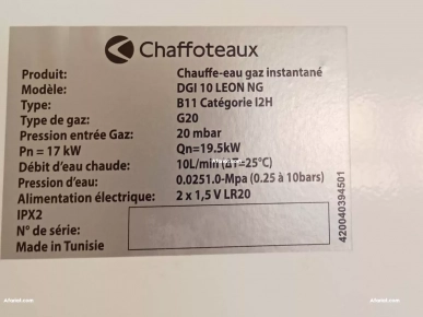 Chauffe bain: 10 litres- gaz de ville Chaffoteaux Neuf