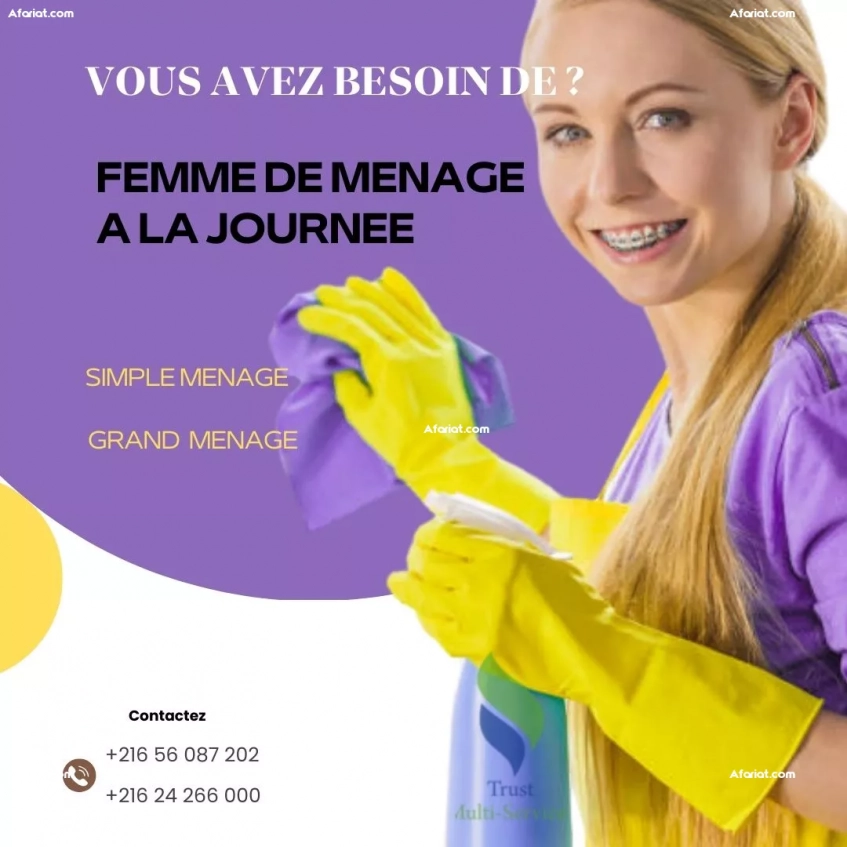 Femme de ménage ponctuelle et rapide – à la journée A BIZERTE !"