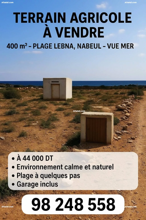 À vendre : Terrain 400 m² avec vue mer – Plage Lebna