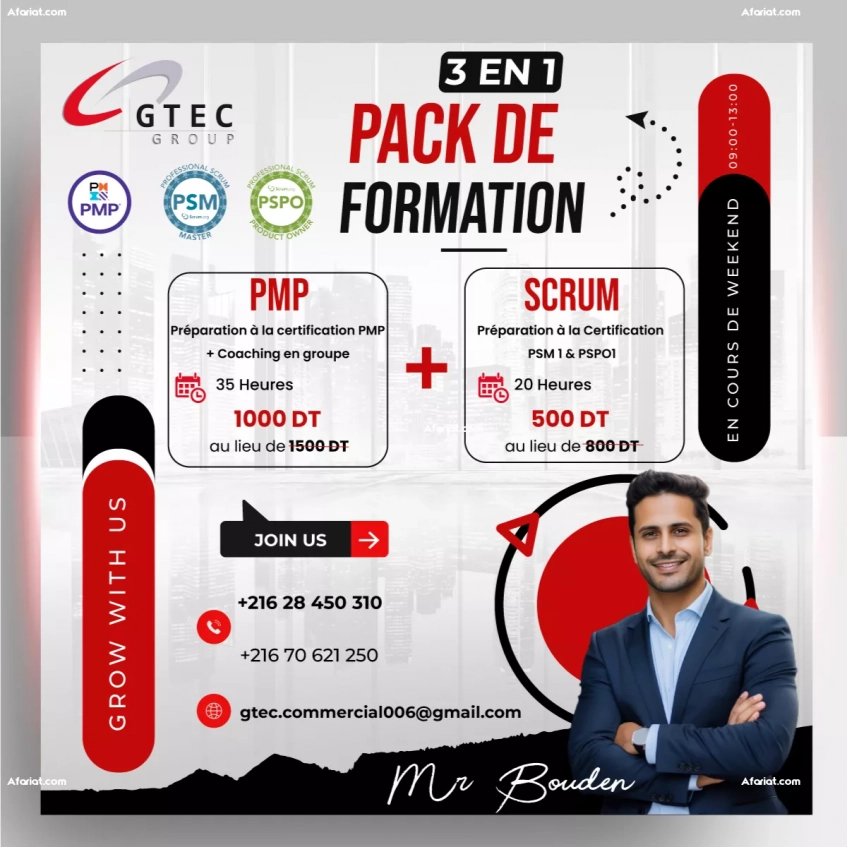 Pack 3 en 1: Scrum PSM1 & PSPO1 + PMP