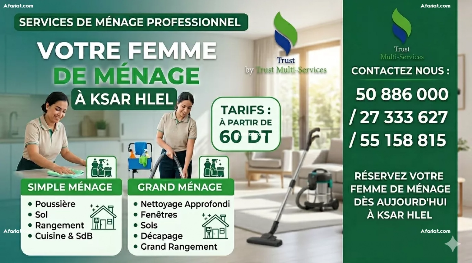 femme de menage par jour a ksar hlel