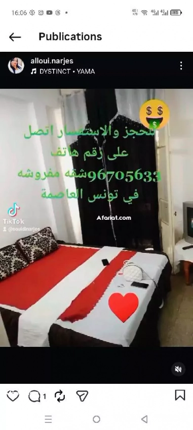 شقق مفروشة للايجار باليوم اسبوع في تونس العاصمة