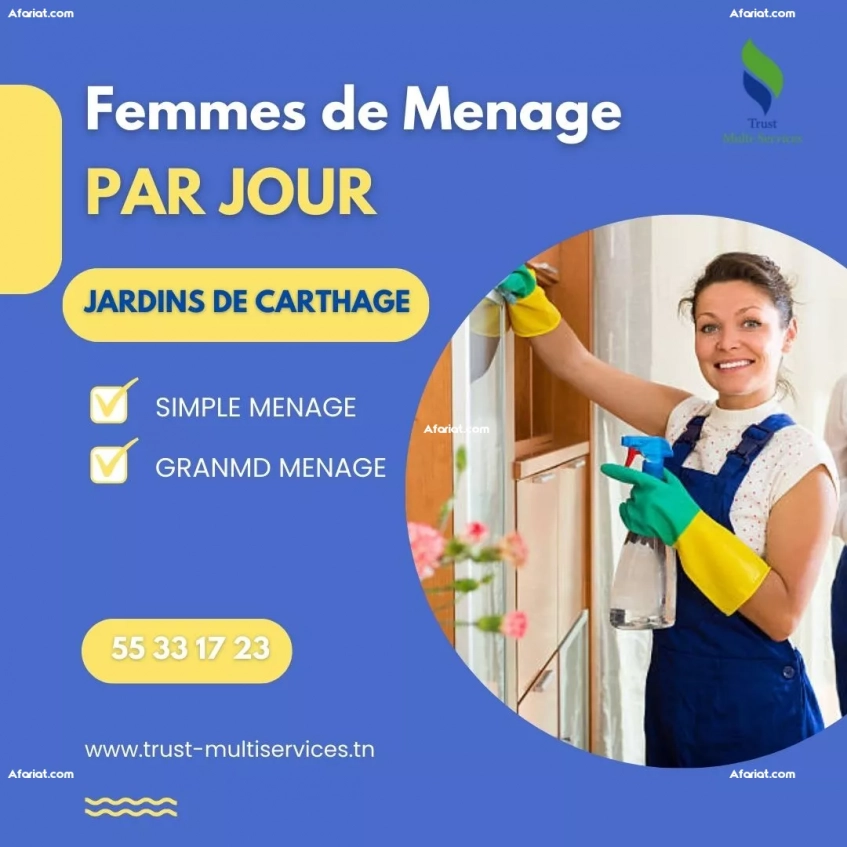 FEMME DE MENAGE PAR JOUR AUX JARDINS DE CARTHAGE