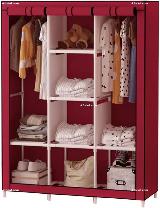 Armoire portable avec rail de suspension et étagères en tissu