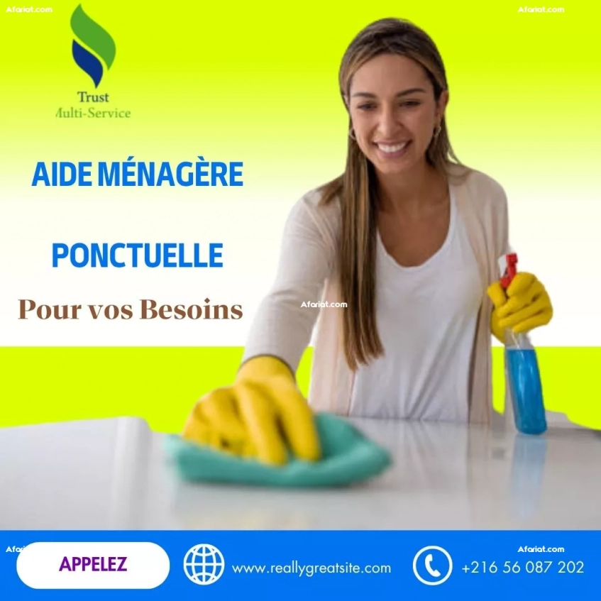 Femme de ménage disponible à Mornaguia – À partir de 60 DT/jour