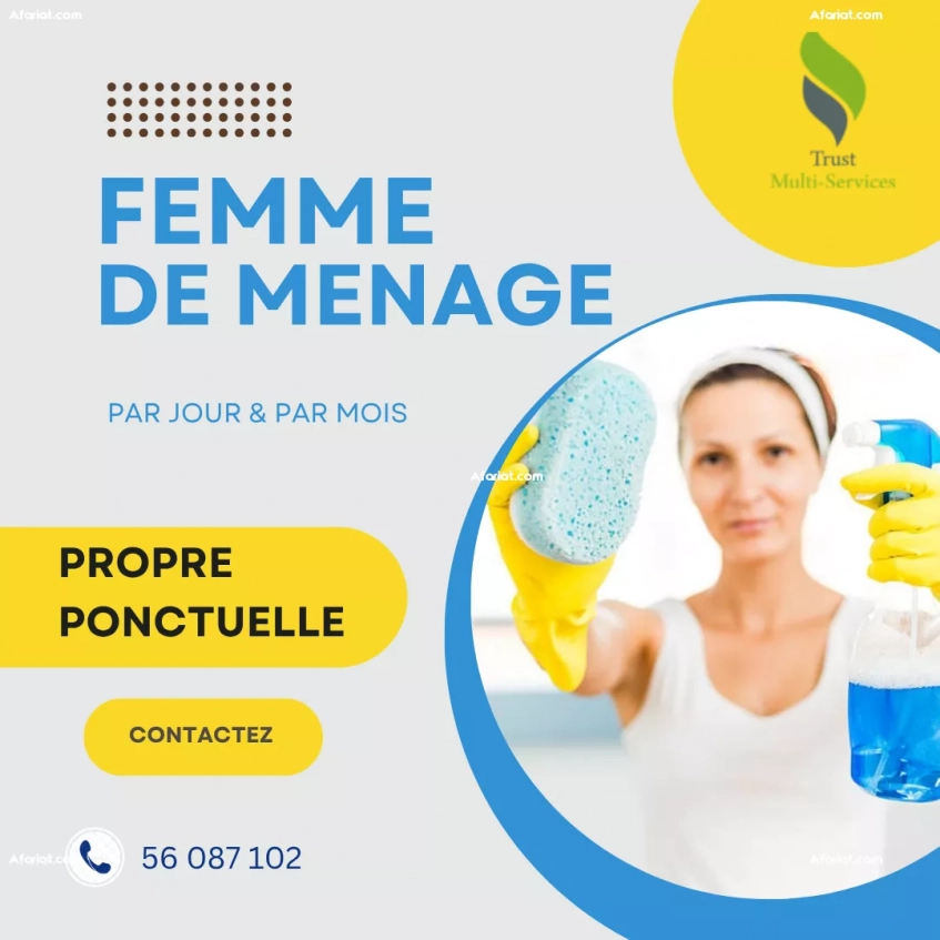 Vous cherchez une femme de ménage par Mois? A MNIHLA