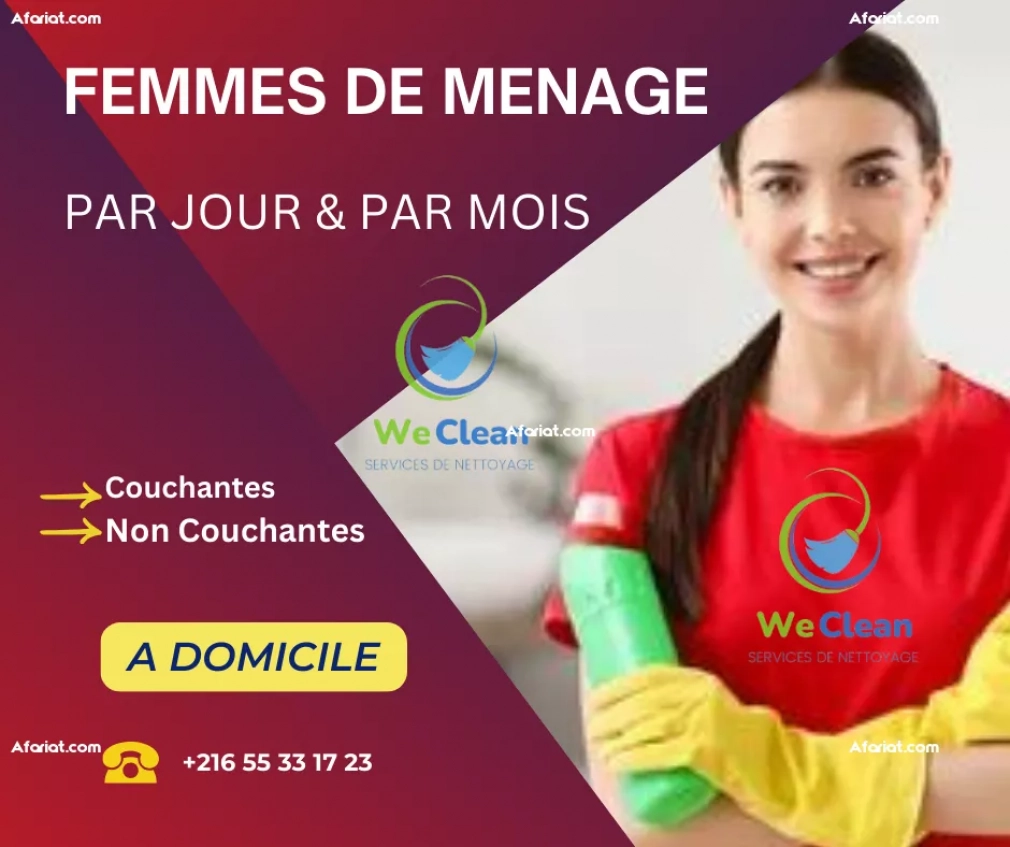 Femme de menage par jour et par mois a tunis