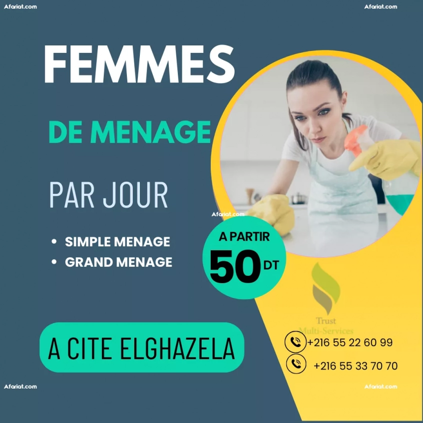 FEMME DE MENAGE PAR JOUR A CITE GHAZELA