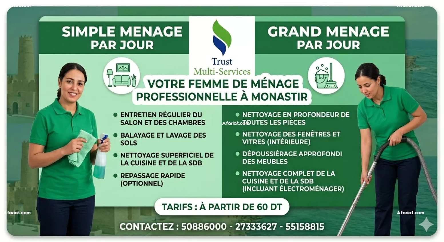 FEMME DE MENAGE PAR JOUR A MONASTIR