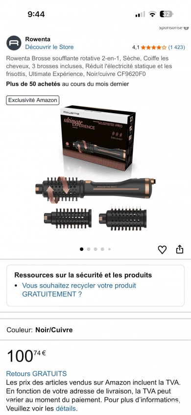 Rowenta Brosse soufflante rotative 2-en-1, Sèche, Coiffe les chev