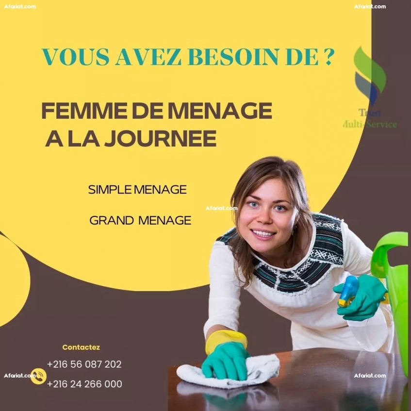 Femme de ménage à L'Aouina – Réservez par jour"