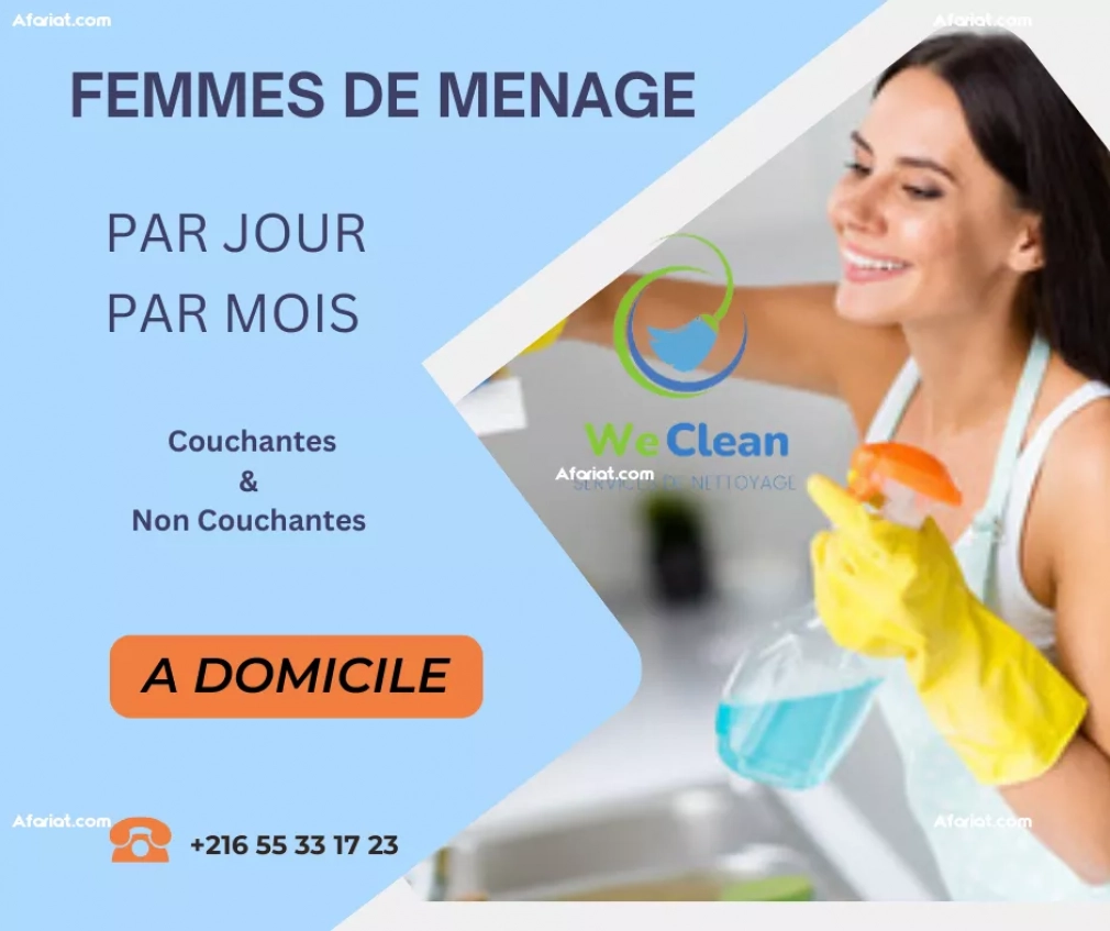 Femme de menage par jour et par mois a tunis